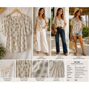 Mudd Womens xl ivory boho blouse gray pink medallion prunt tie front sheer top